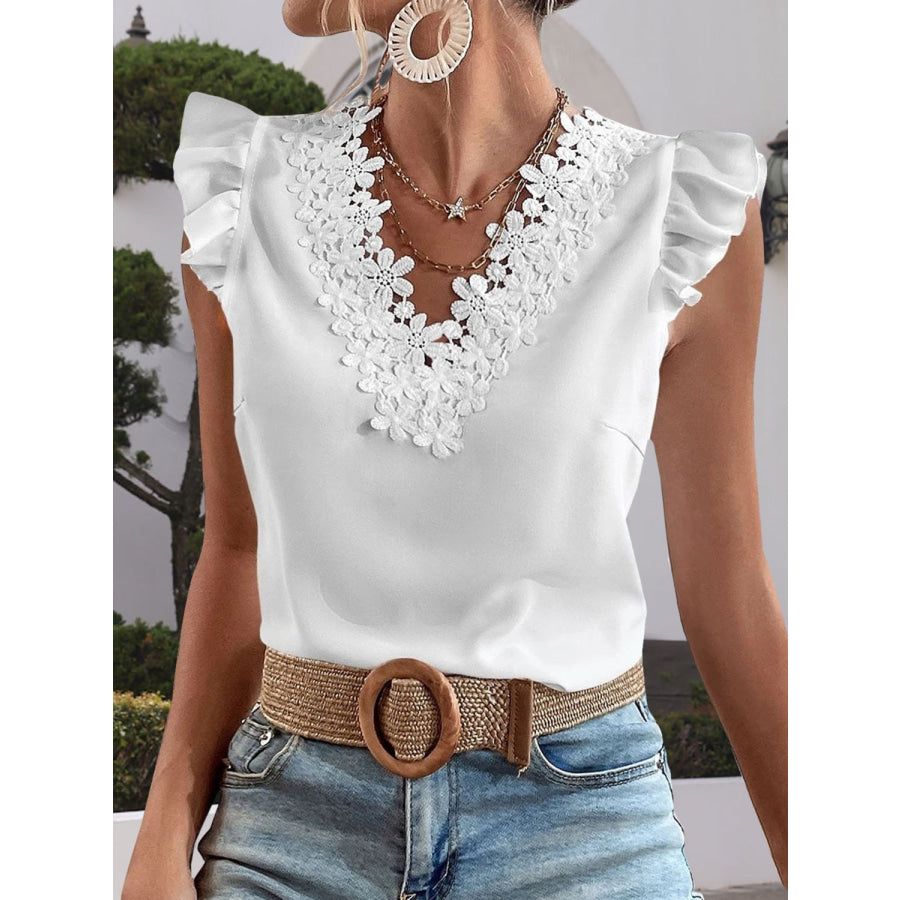 Lace Detail V - Neck Cap Sleeve Blouse White / S Apparel and Accessories