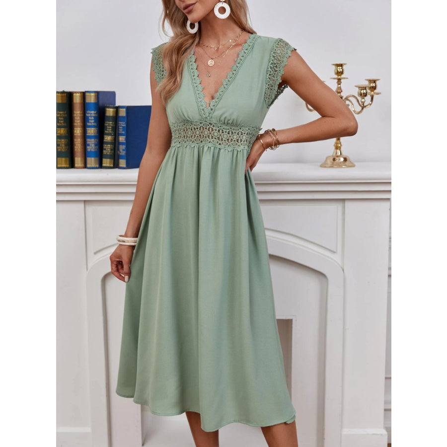 Lace Detail V-Neck Cap Sleeve Dress Gum Leaf / S Apparel and Accessories