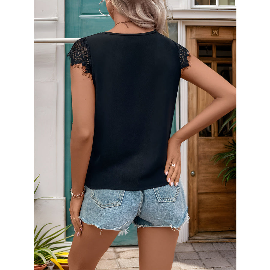 Lace Detail V-Neck Cap Sleeve T-Shirt Black / M Apparel and Accessories