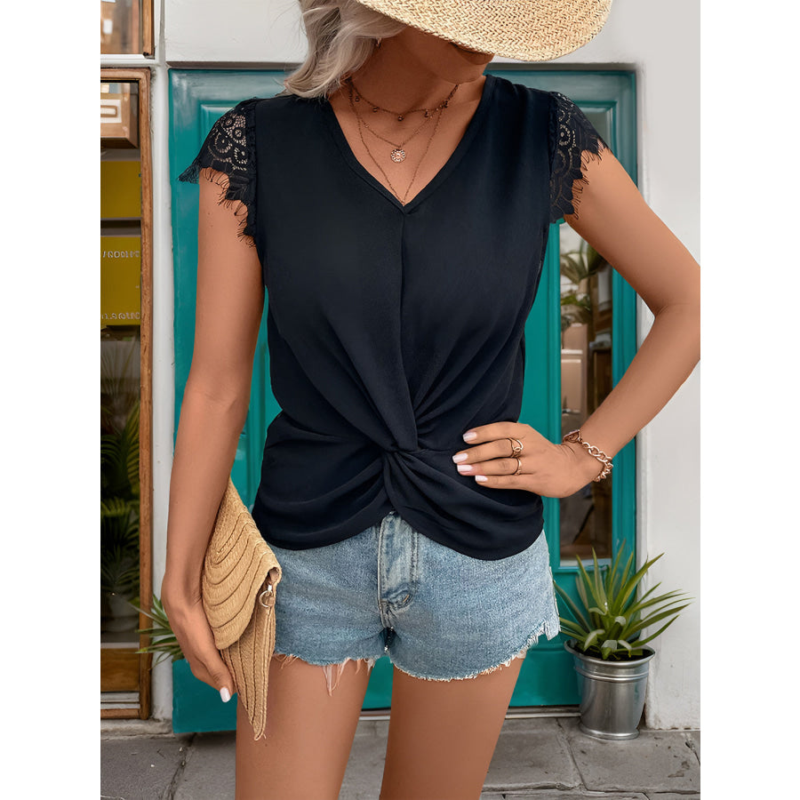 Lace Detail V-Neck Cap Sleeve T-Shirt Apparel and Accessories