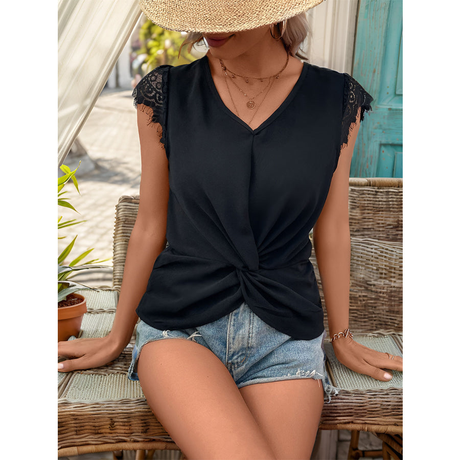 Lace Detail V-Neck Cap Sleeve T-Shirt Apparel and Accessories