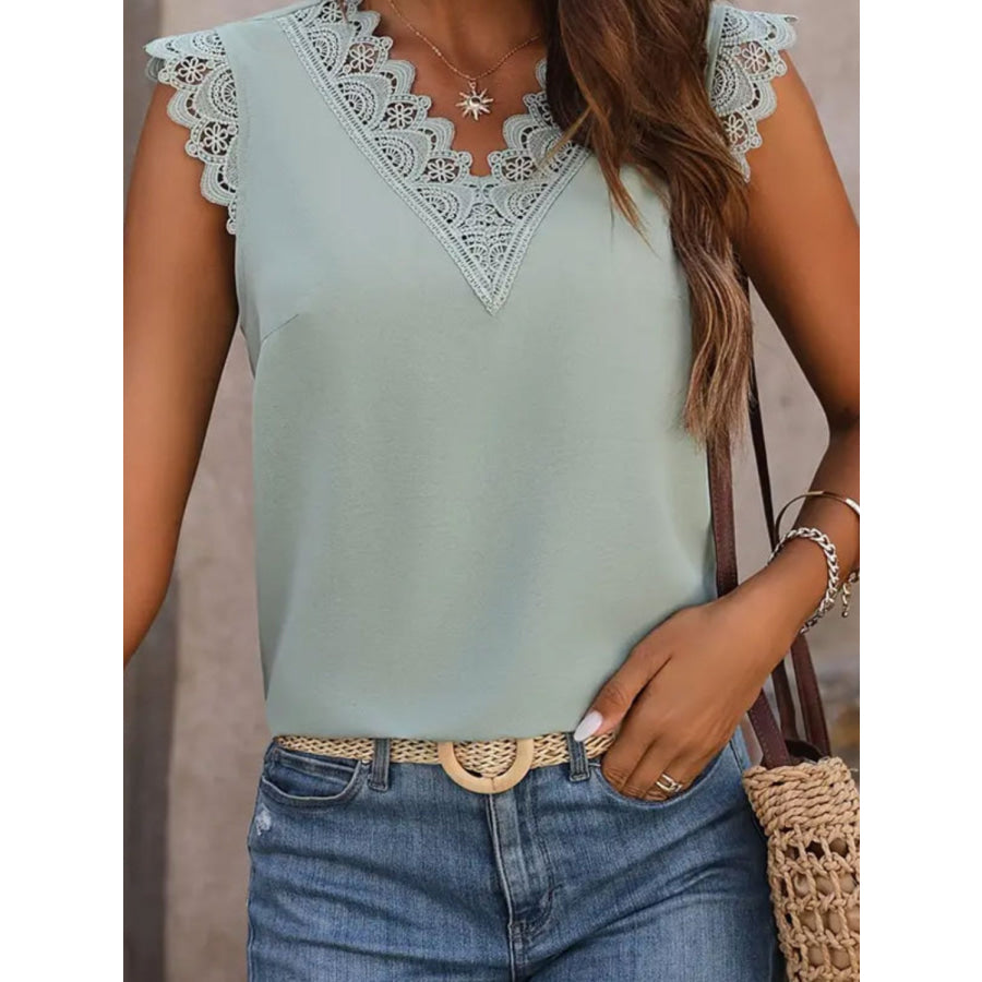 Lace Detail V-Neck Cap Sleeve Top Air Force Blue / S Apparel and Accessories