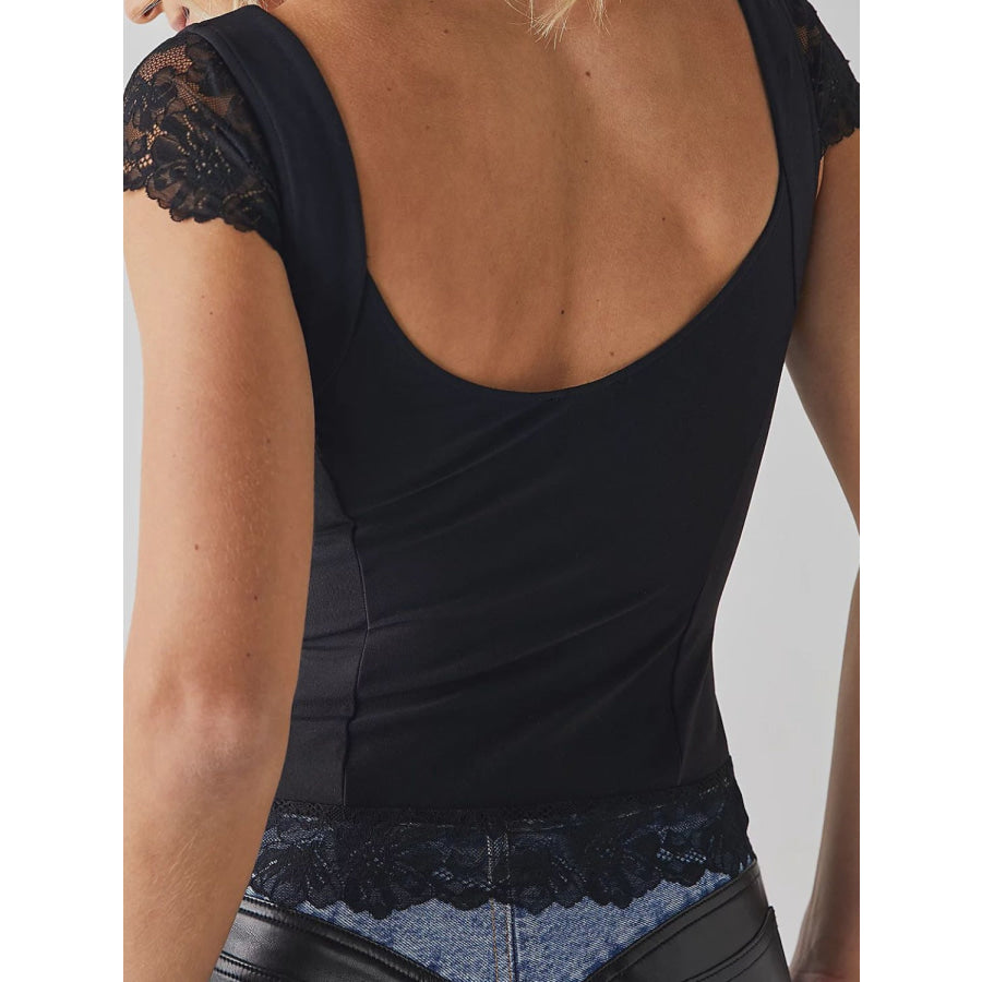 Lace Detail V-Neck Cap Sleeve Top Apparel and Accessories