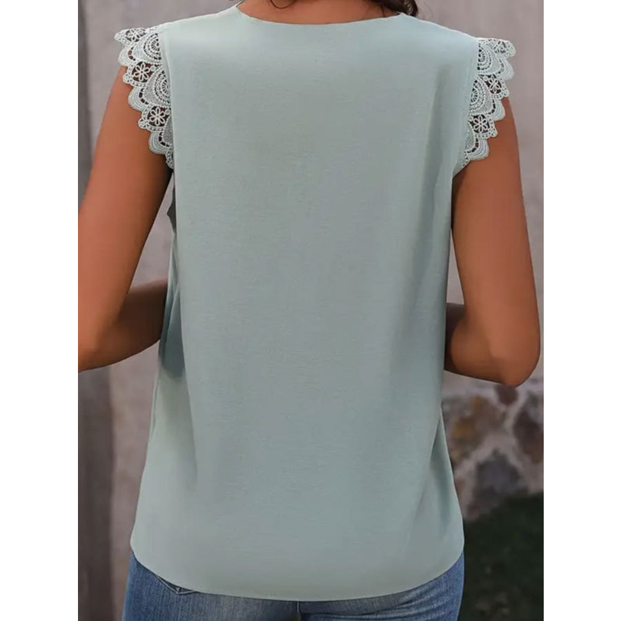 Lace Detail V-Neck Cap Sleeve Top Air Force Blue / S Apparel and Accessories