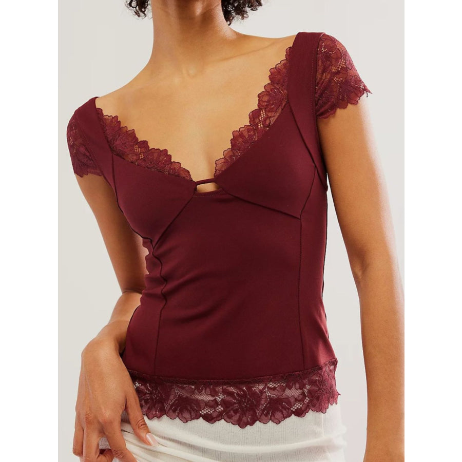 Lace Detail V-Neck Cap Sleeve Top Burgundy / S Apparel and Accessories