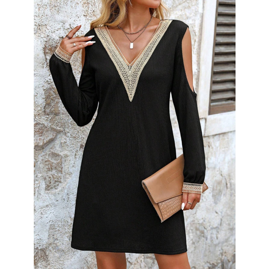 Lace Detail V-Neck Cold Shoulder Dress Apparel and Accessories