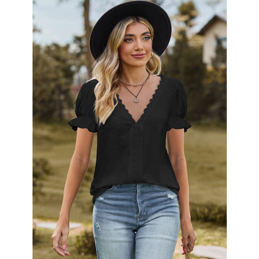 Lace Detail V-Neck Flounce Sleeve Blouse Apparel and Accessories