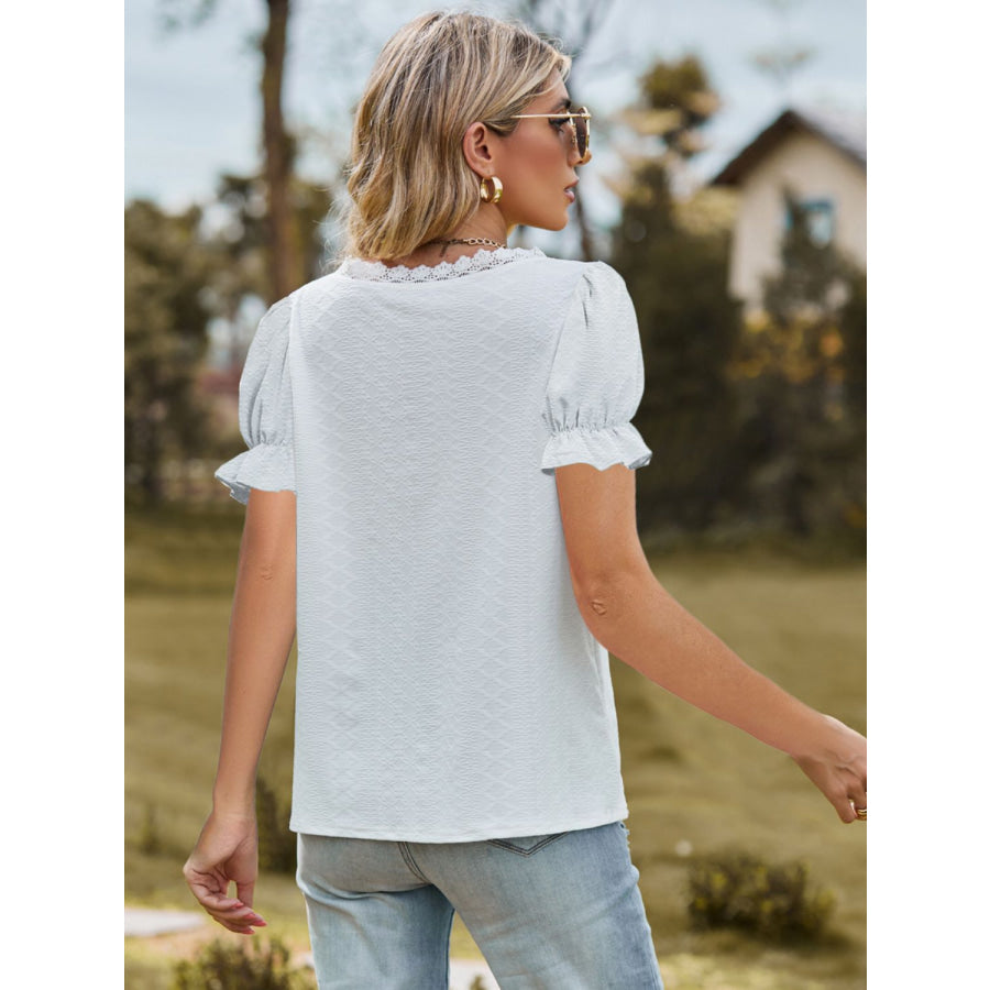 Lace Detail V-Neck Flounce Sleeve Blouse White / S Apparel and Accessories