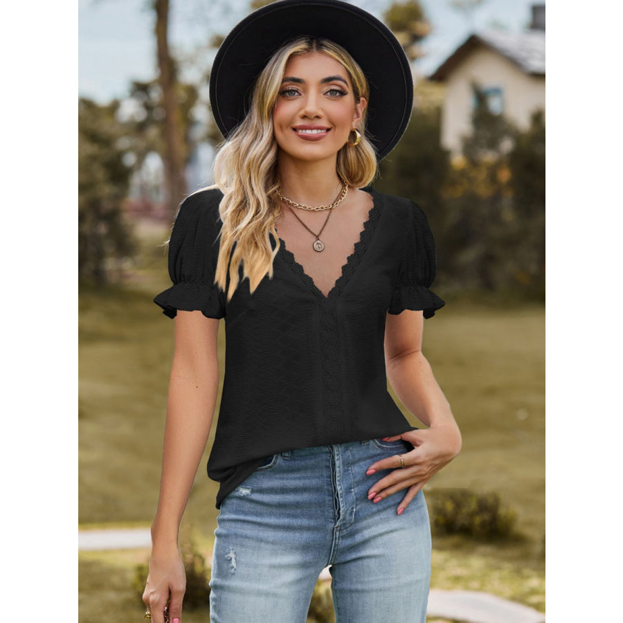 Lace Detail V-Neck Flounce Sleeve Blouse Black / S Apparel and Accessories