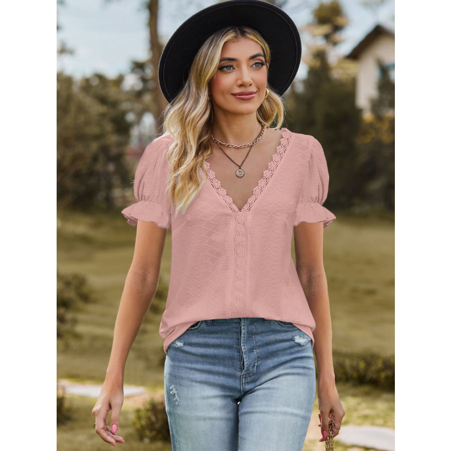 Lace Detail V-Neck Flounce Sleeve Blouse Blush Pink / S Apparel and Accessories