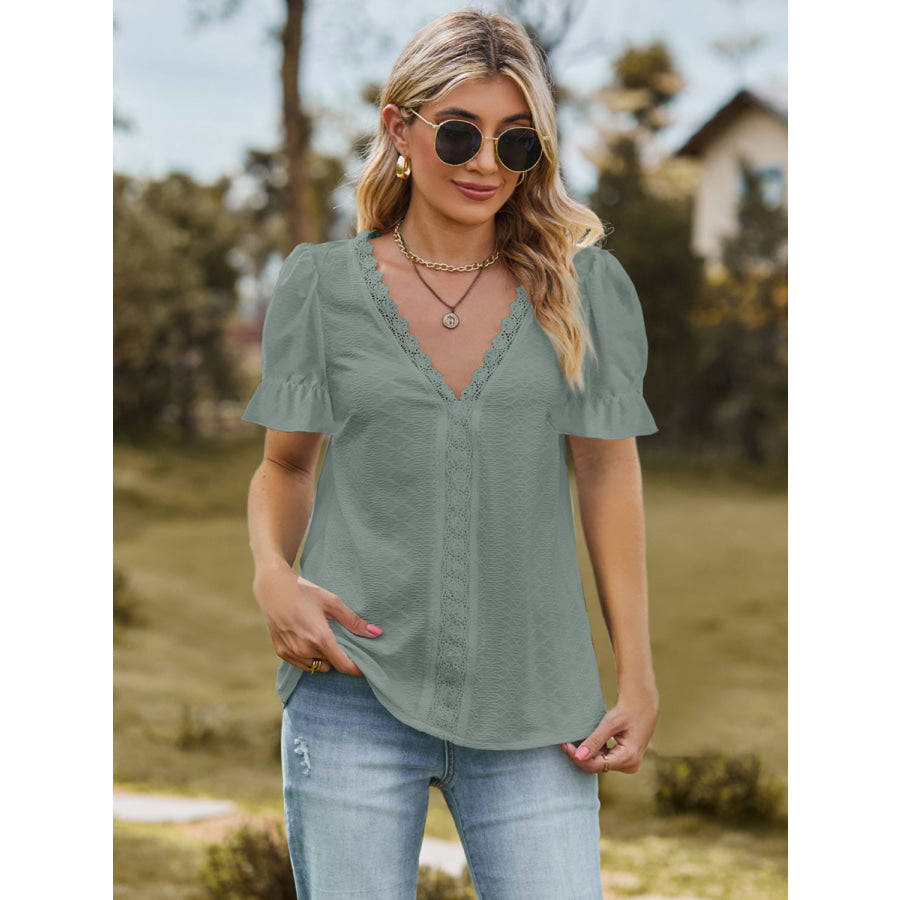 Lace Detail V-Neck Flounce Sleeve Blouse Sage / S Apparel and Accessories