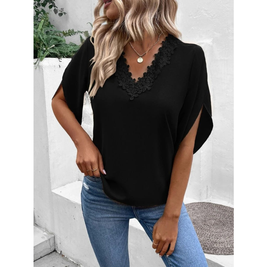 Lace Detail V-Neck Half Sleeve Blouse Apparel and Accessories
