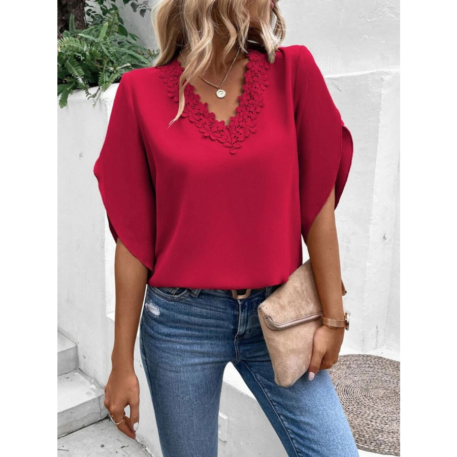 Lace Detail V-Neck Half Sleeve Blouse Apparel and Accessories