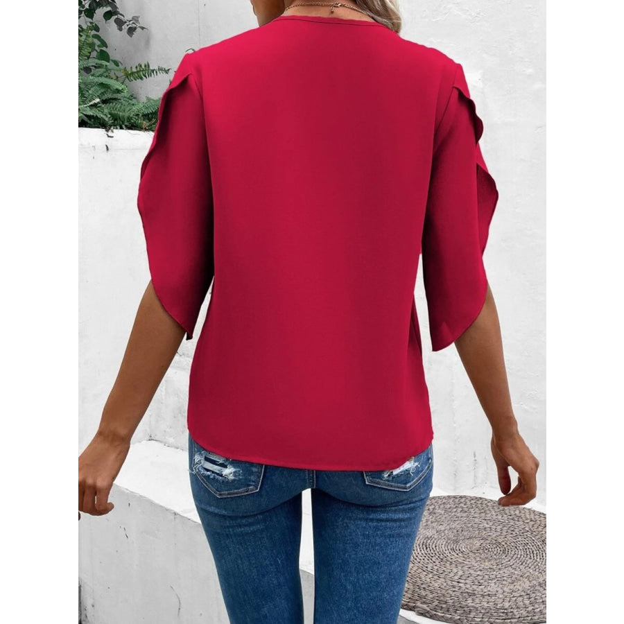 Lace Detail V-Neck Half Sleeve Blouse Apparel and Accessories