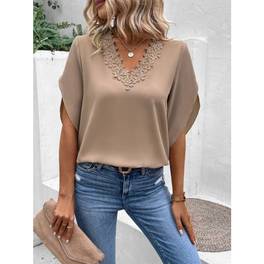 Lace Detail V-Neck Half Sleeve Blouse Apparel and Accessories