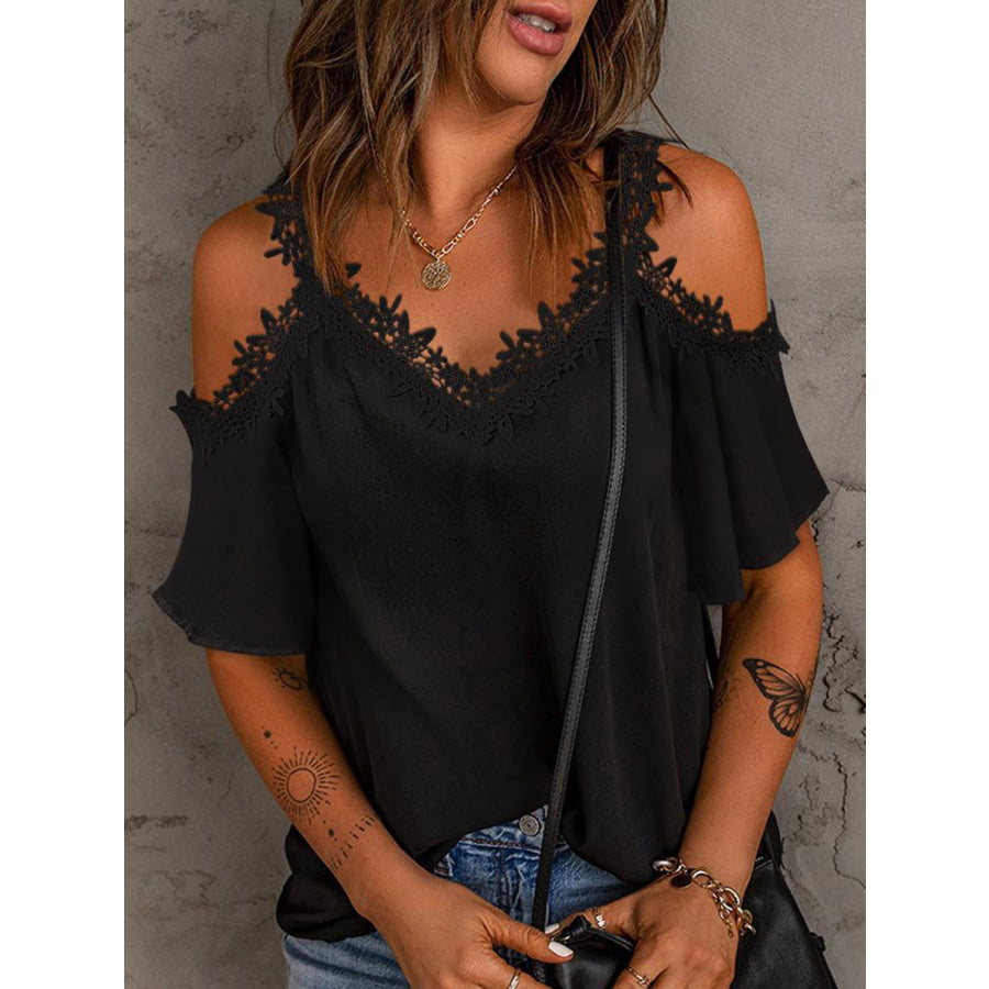 Lace Detail V - Neck Half Sleeve Blouse Black / S Apparel and Accessories