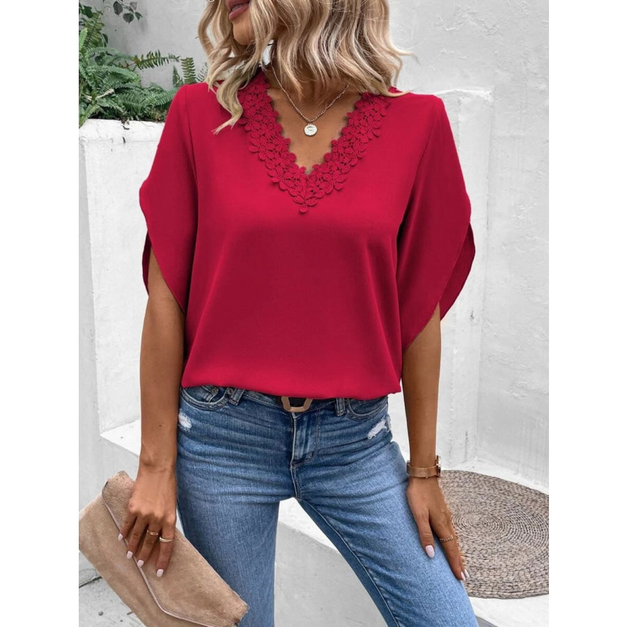 Lace Detail V-Neck Half Sleeve Blouse Deep Red / S Apparel and Accessories