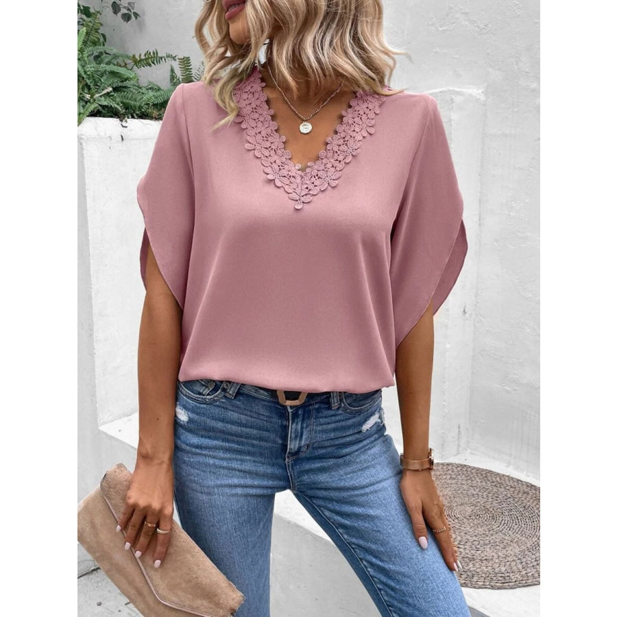Lace Detail V-Neck Half Sleeve Blouse Dusty Pink / S Apparel and Accessories