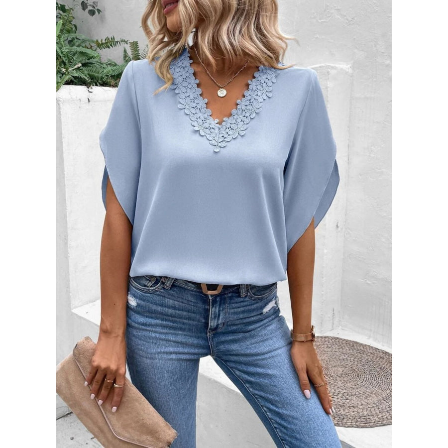 Lace Detail V-Neck Half Sleeve Blouse Light Blue / S Apparel and Accessories