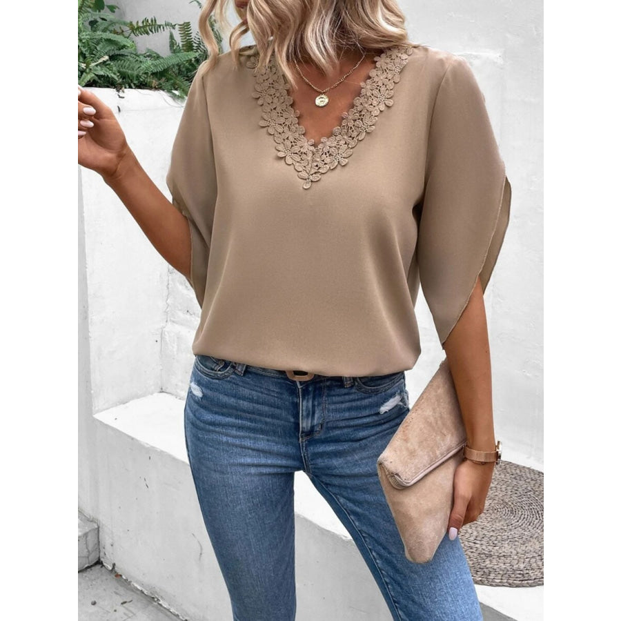 Lace Detail V-Neck Half Sleeve Blouse Tan / S Apparel and Accessories