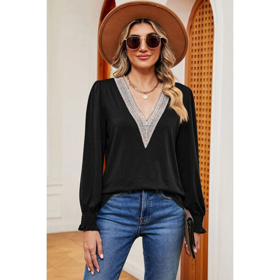 Lace Detail V-Neck Lantern Sleeve T-Shirt Black / S Clothing