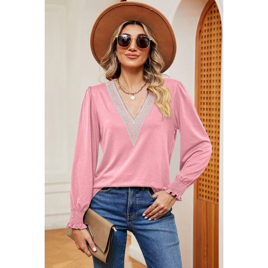 Lace Detail V-Neck Lantern Sleeve T-Shirt Carnation Pink / S Clothing