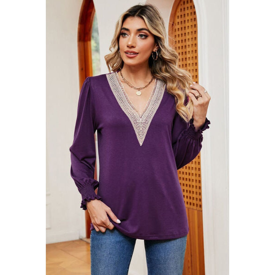 Lace Detail V-Neck Lantern Sleeve T-Shirt Clothing