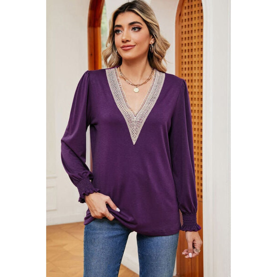 Lace Detail V-Neck Lantern Sleeve T-Shirt Clothing