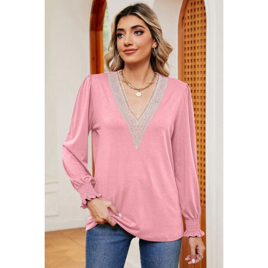 Lace Detail V-Neck Lantern Sleeve T-Shirt Clothing