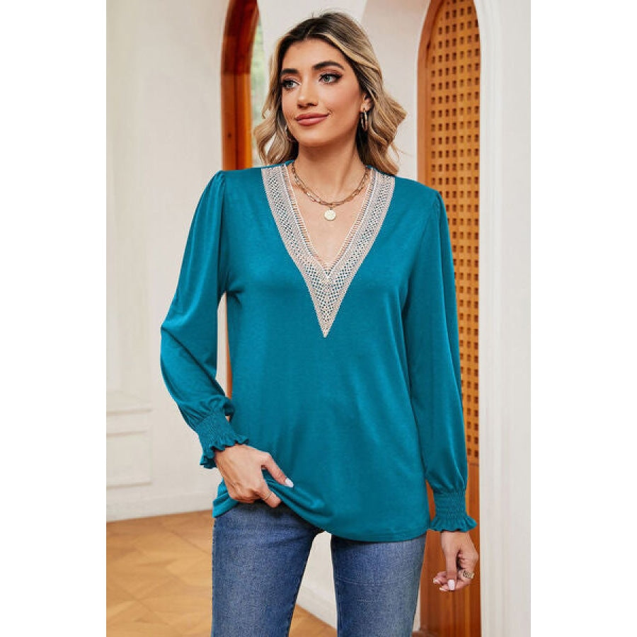 Lace Detail V-Neck Lantern Sleeve T-Shirt Clothing