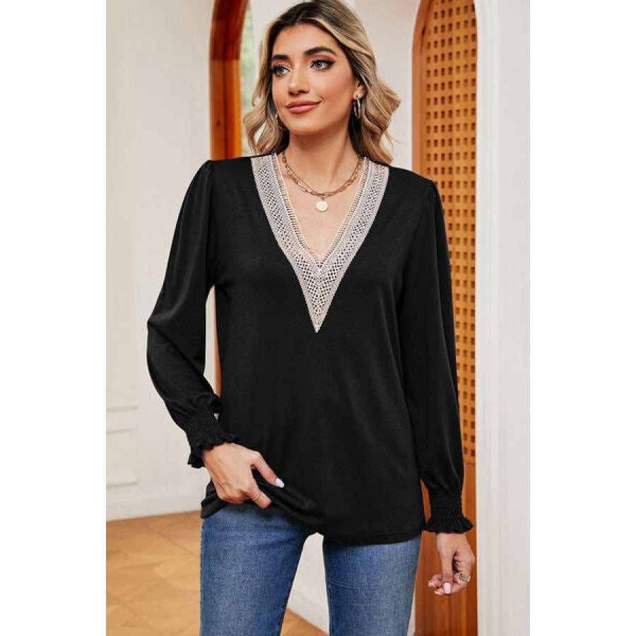 Lace Detail V-Neck Lantern Sleeve T-Shirt Clothing