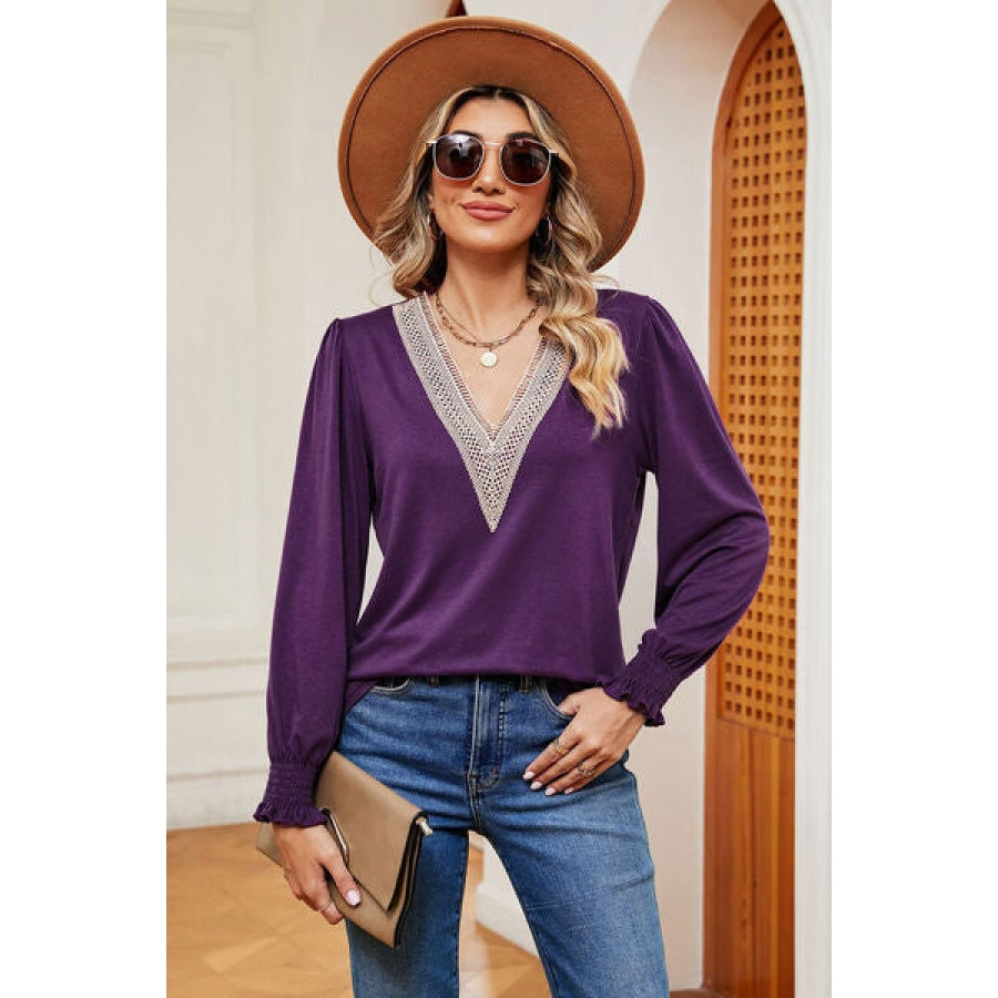 Lace Detail V-Neck Lantern Sleeve T-Shirt Clothing