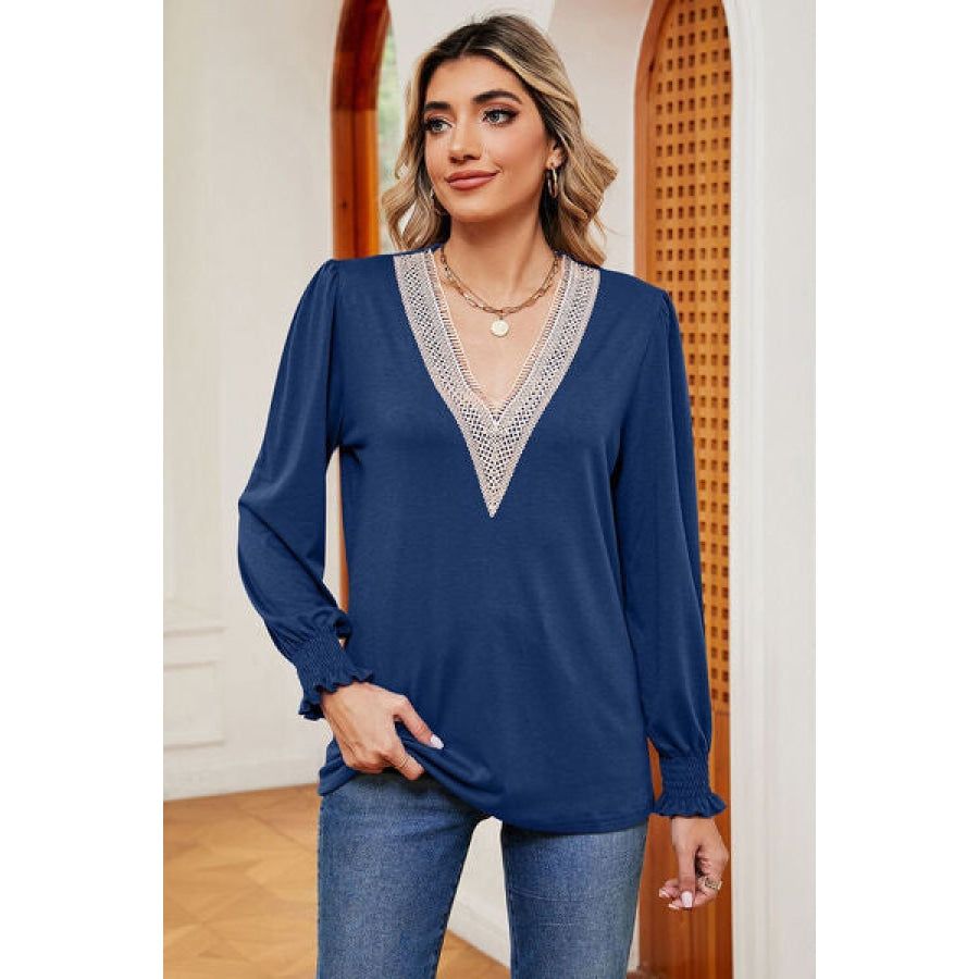 Lace Detail V-Neck Lantern Sleeve T-Shirt Clothing