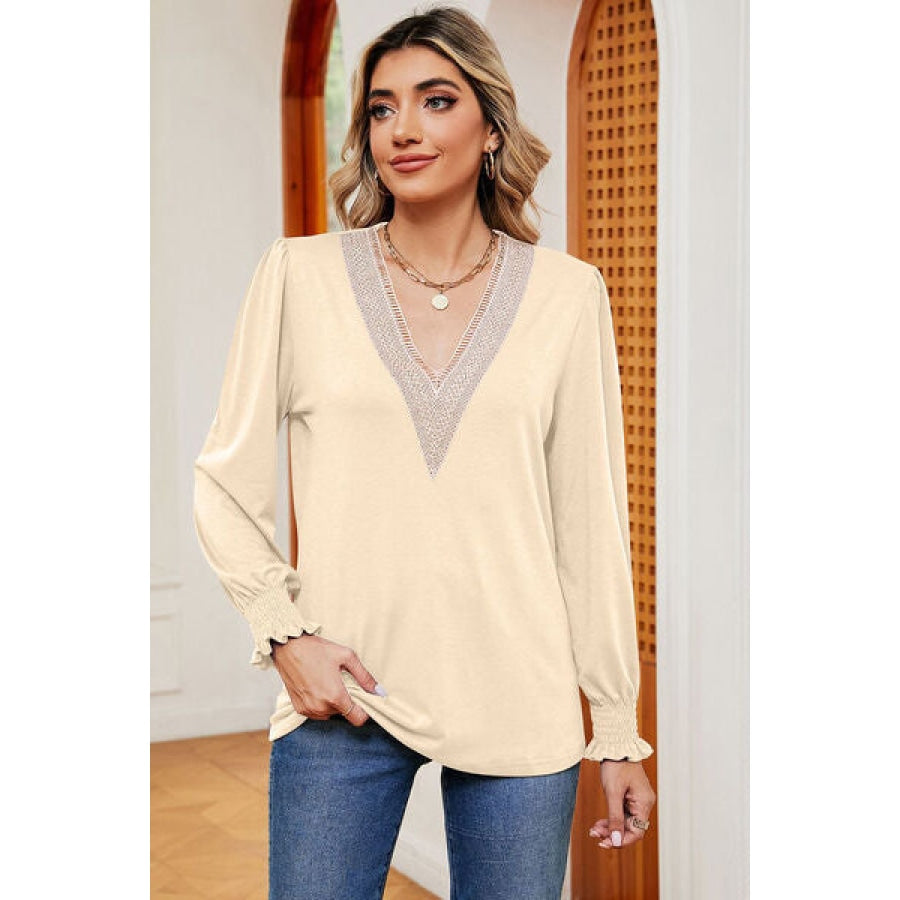 Lace Detail V-Neck Lantern Sleeve T-Shirt Clothing