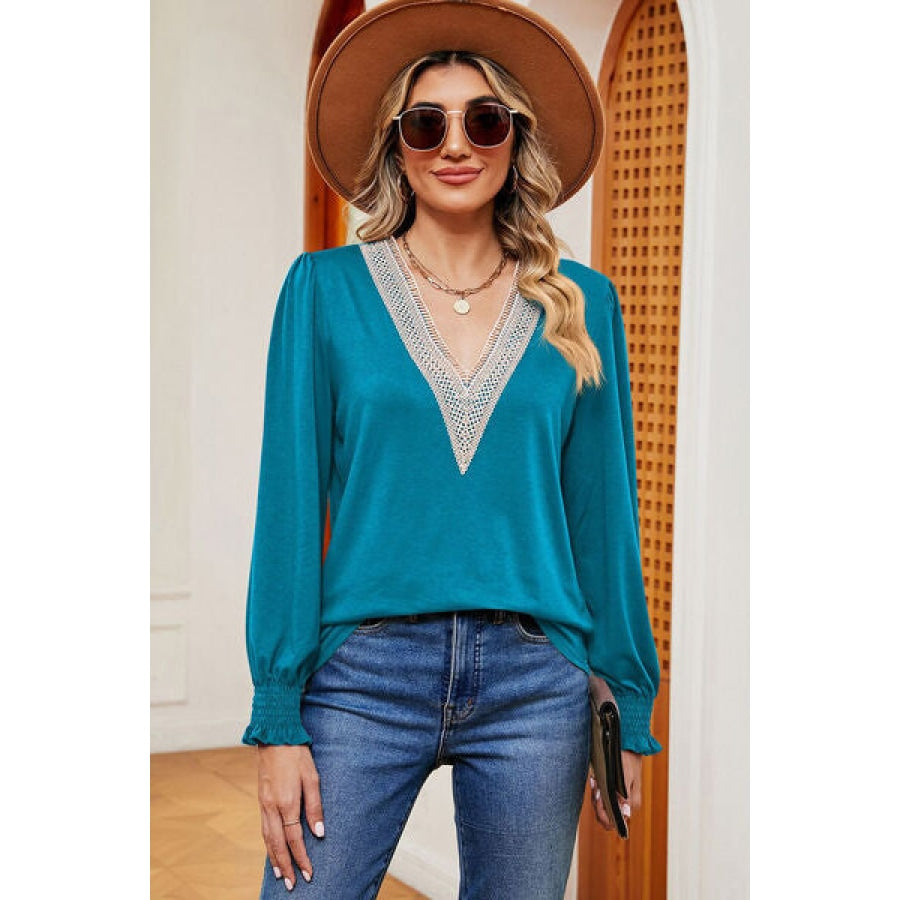 Lace Detail V-Neck Lantern Sleeve T-Shirt Turquoise / S Clothing