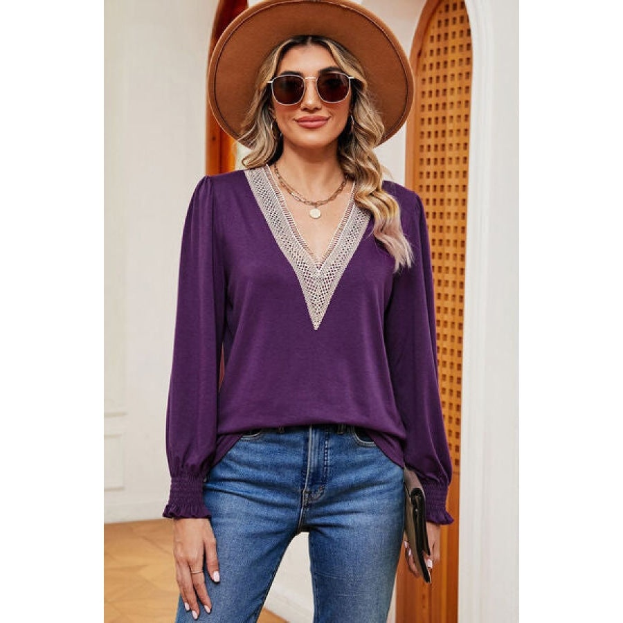 Lace Detail V-Neck Lantern Sleeve T-Shirt Violet / S Clothing