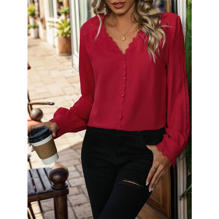 Lace Detail V-Neck Long Sleeve Blouse Apparel and Accessories