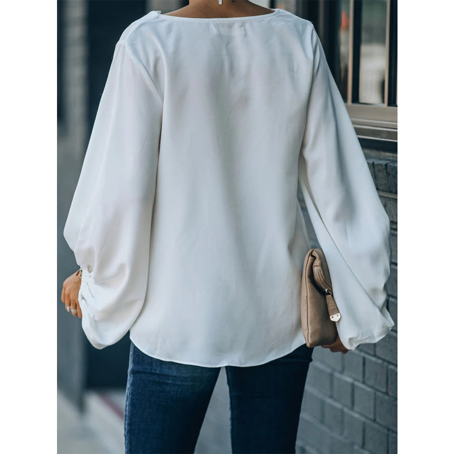 Lace Detail V-Neck Long Sleeve Blouse White / S Apparel and Accessories