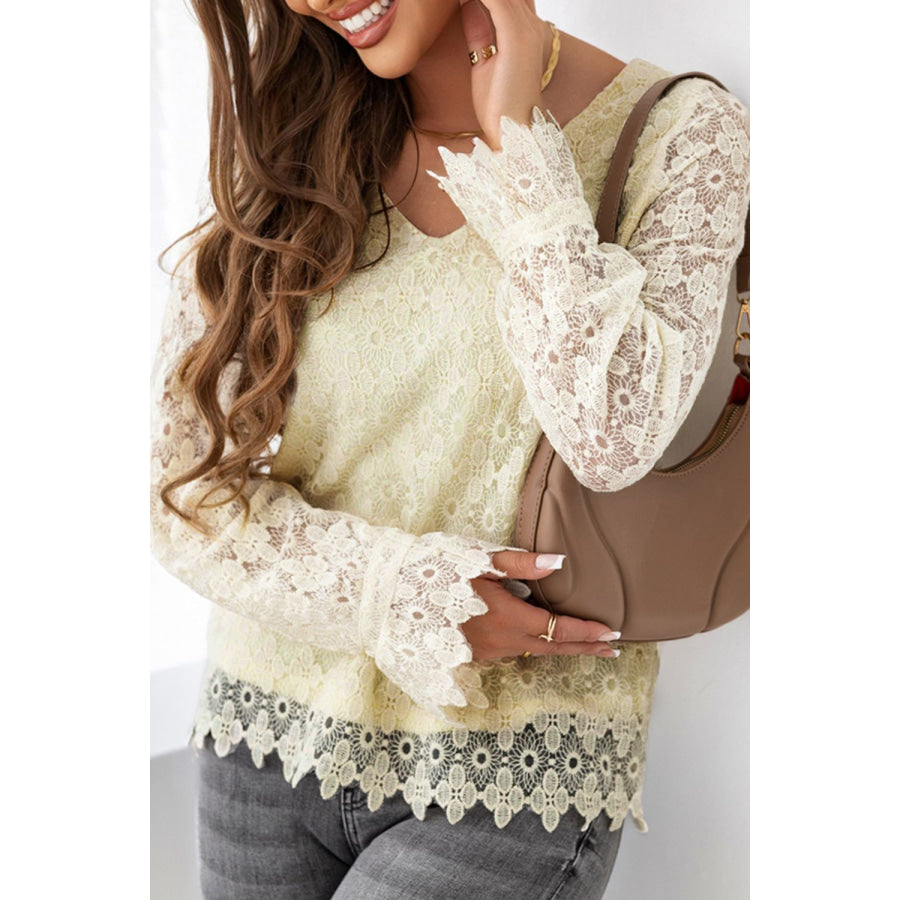 Lace Detail V-Neck Long Sleeve Blouse Apparel and Accessories