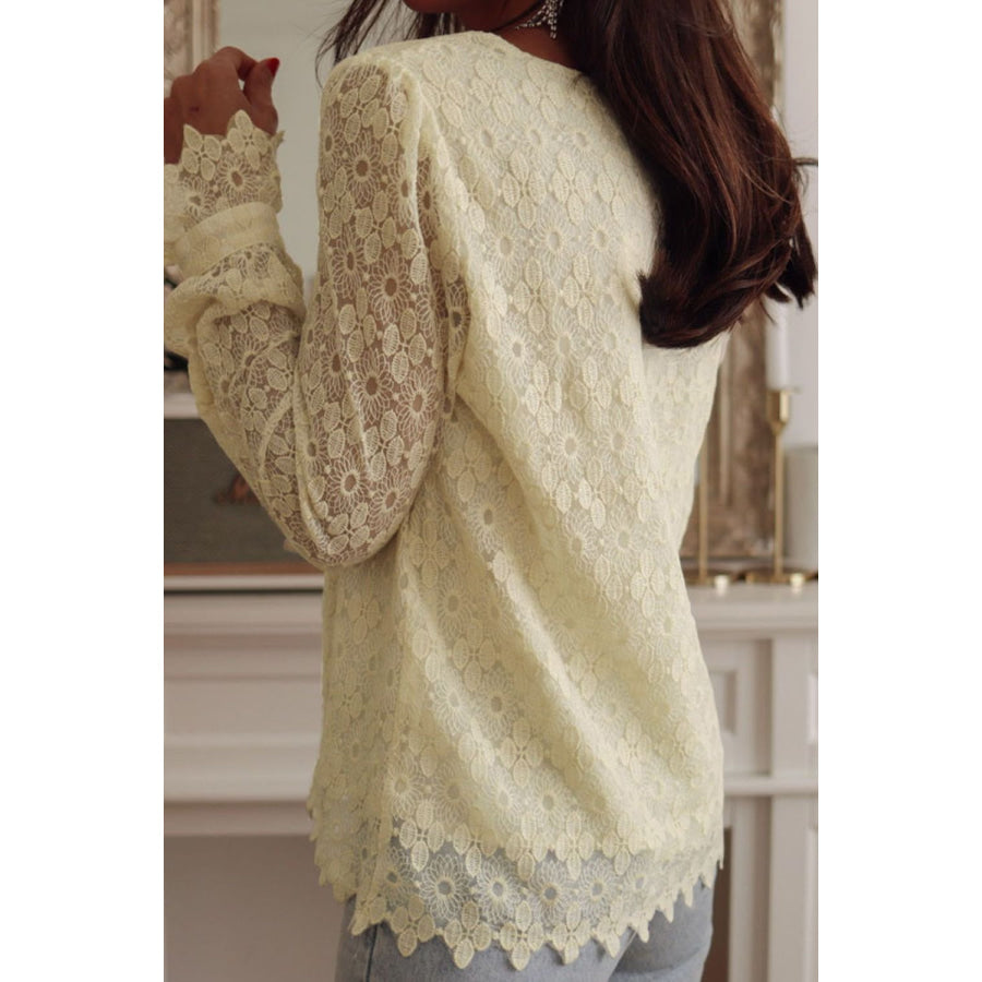 Lace Detail V-Neck Long Sleeve Blouse Apparel and Accessories