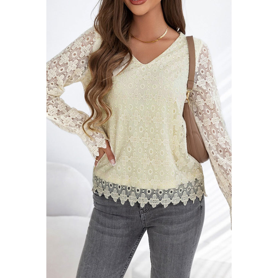 Lace Detail V-Neck Long Sleeve Blouse Apparel and Accessories