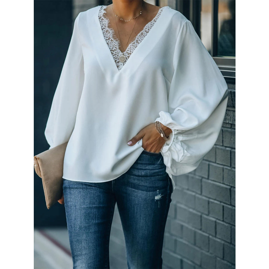 Lace Detail V-Neck Long Sleeve Blouse Apparel and Accessories