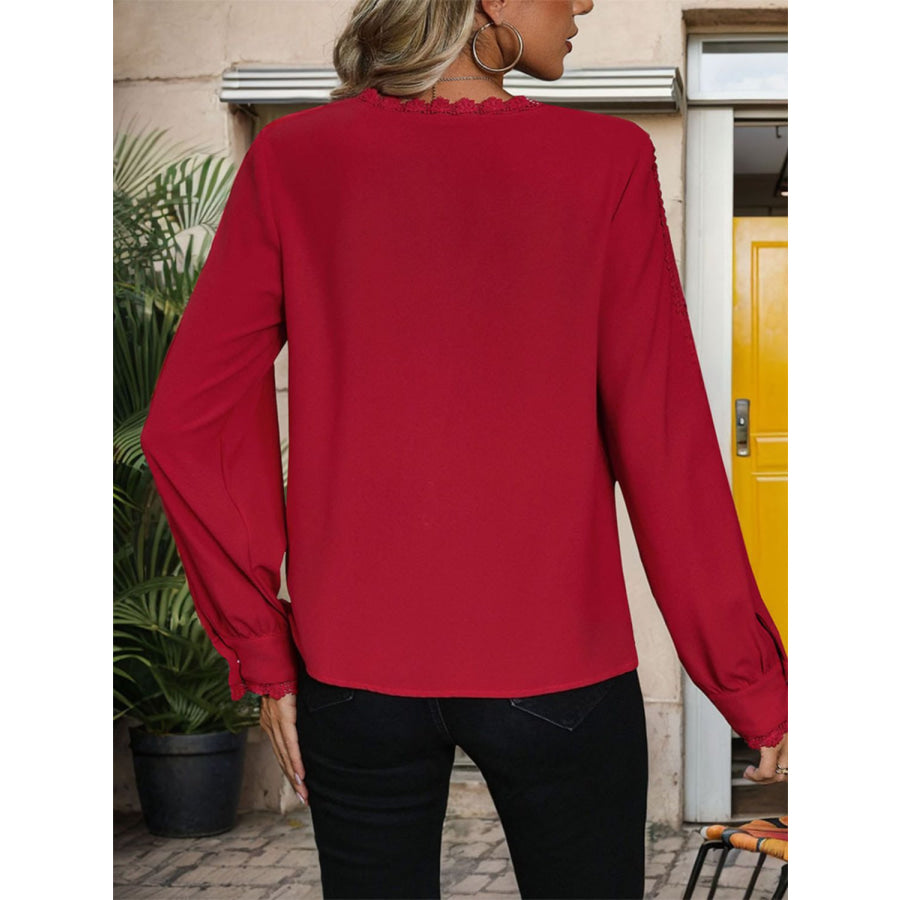 Lace Detail V-Neck Long Sleeve Blouse Deep Red / S Apparel and Accessories