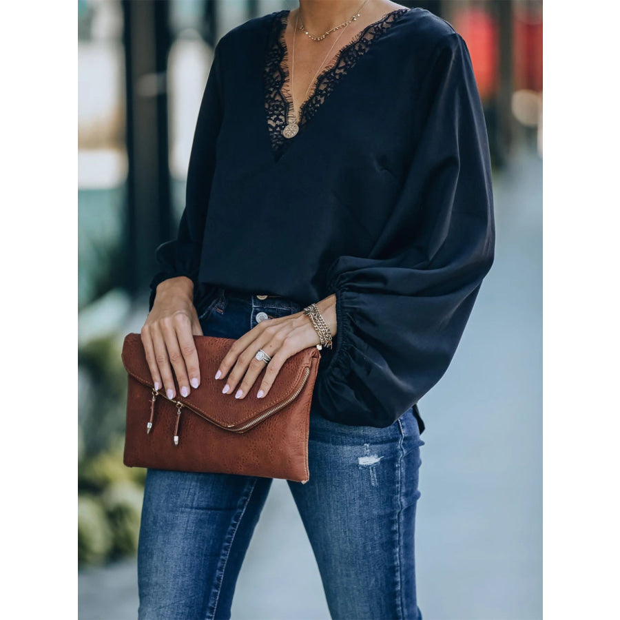 Lace Detail V-Neck Long Sleeve Blouse Apparel and Accessories