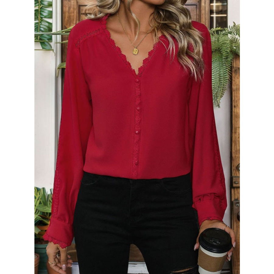 Lace Detail V-Neck Long Sleeve Blouse Apparel and Accessories