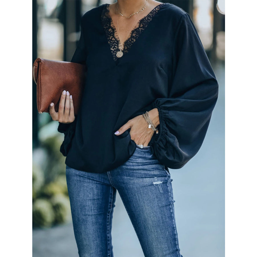 Lace Detail V-Neck Long Sleeve Blouse Apparel and Accessories