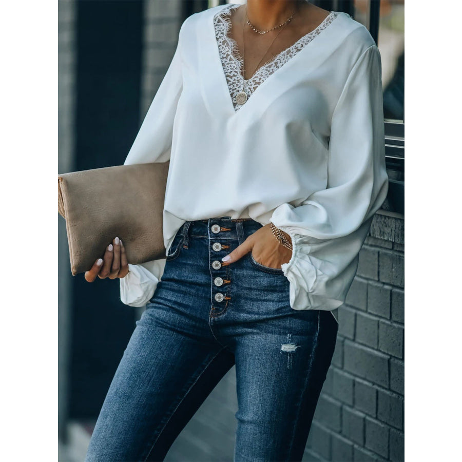 Lace Detail V-Neck Long Sleeve Blouse Apparel and Accessories