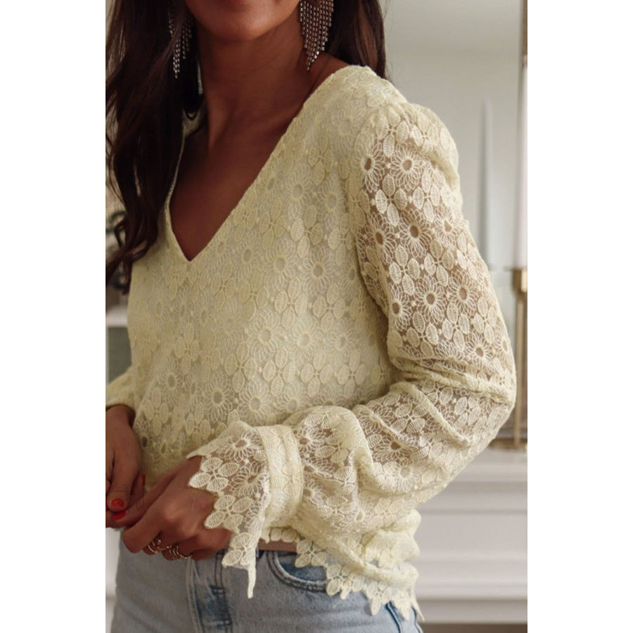 Lace Detail V-Neck Long Sleeve Blouse Apparel and Accessories