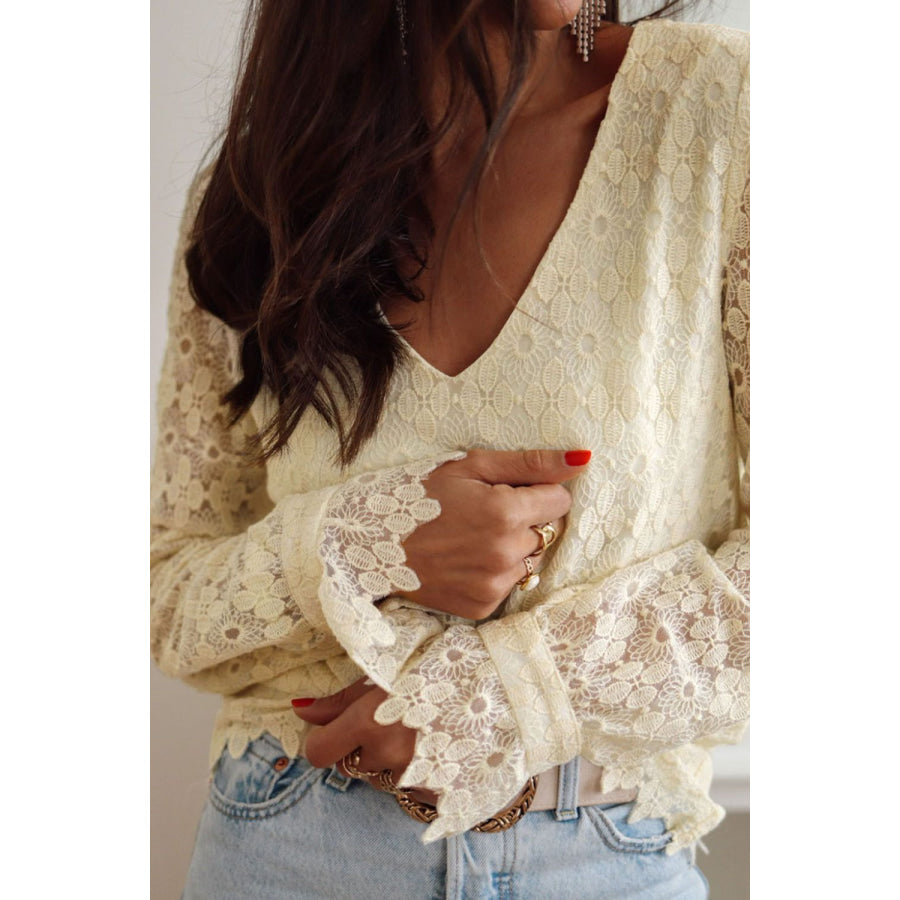 Lace Detail V-Neck Long Sleeve Blouse Apparel and Accessories