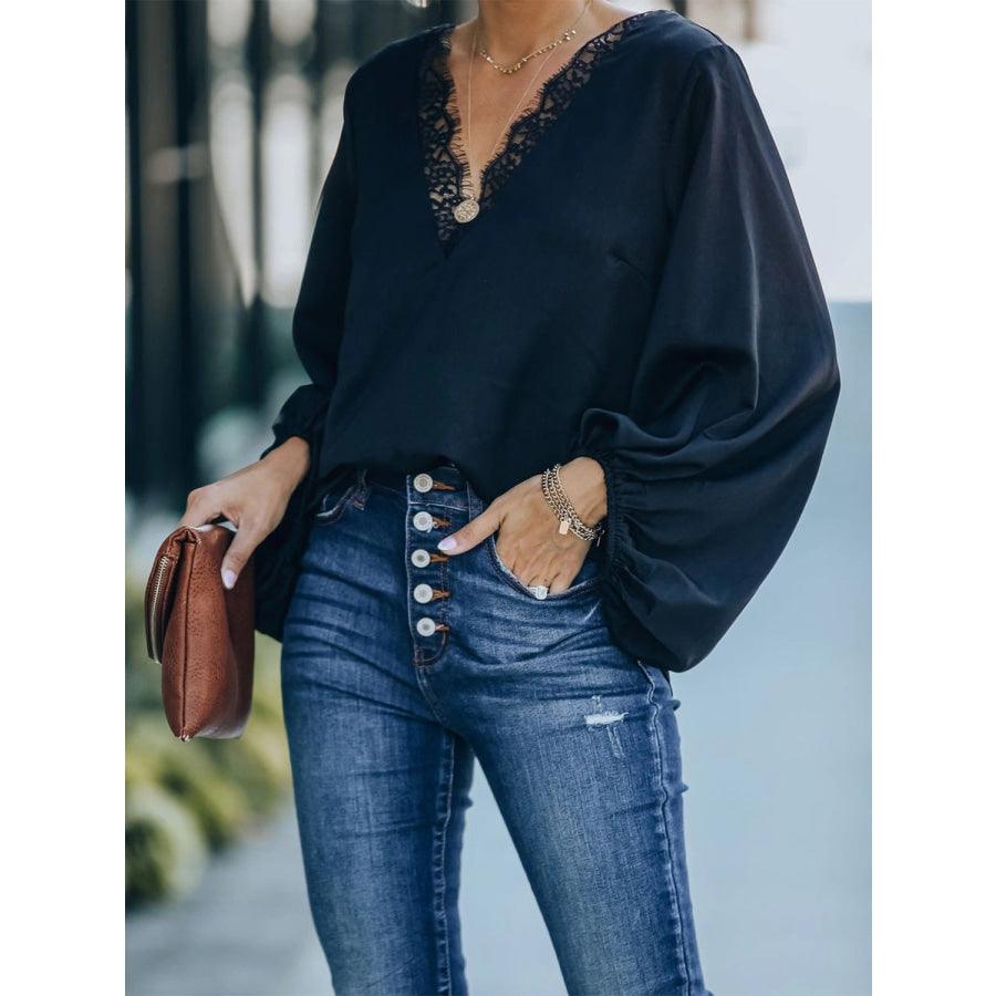 Lace Detail V-Neck Long Sleeve Blouse Black / S Apparel and Accessories